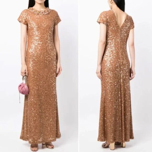 Sachin & Babi Shiloh Honey Golden Brown Jeweled Sequin Column Gown Maxi Dress - Picture 4 of 5